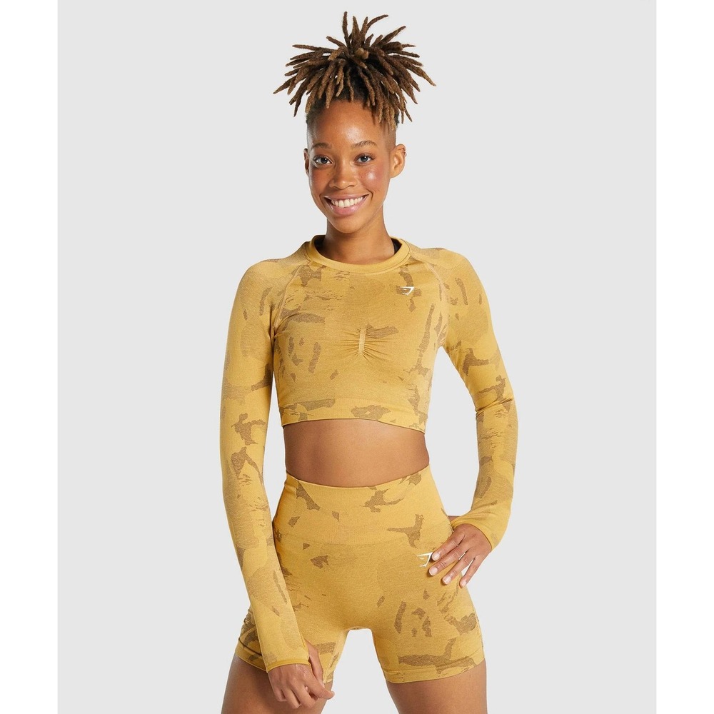 Gymshark, Adapt Camo Seamless Long Sleeve Crop Top, Yellow, XS, MSRP $45